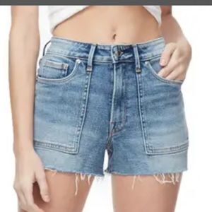 Good American high waisted distressed denim shorts